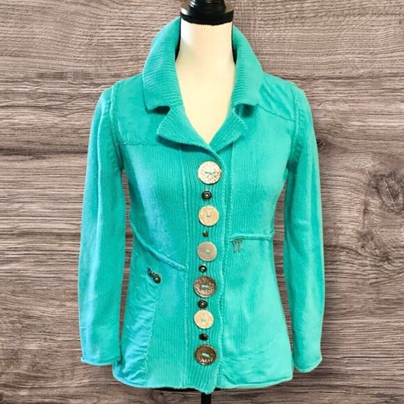 Pure Handknit 100% Cotton Aqua Button Detail Sweater XS/TP - Picture 2 of 8